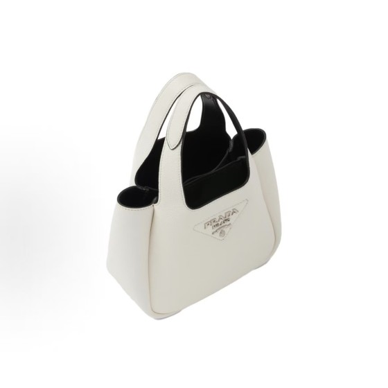 PRADA, a white women\'s handbag with a metal engraved logo and magnetic clasp, featuring a shoulder strap and a vegetable basket